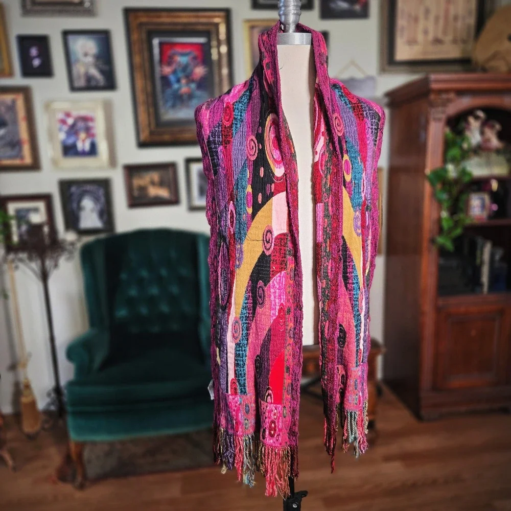 Vintage 90s Chelsey II Abstract Knit Scarf Wrap Magenta Multi Color Boho Fringe